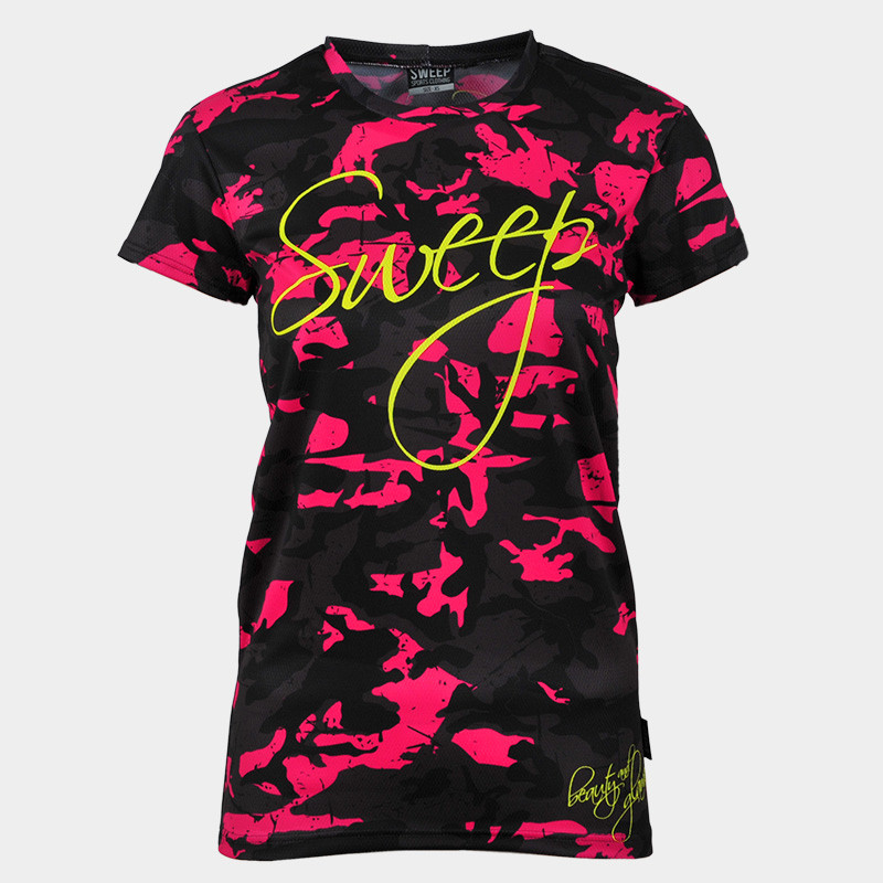 Triko krátký rukáv SWTS139 růžovo černý maskáč/žluté fluo logo