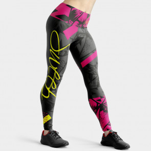 Legíny dlouhé SWPT129 květiny s růžovou a žlutou fluo